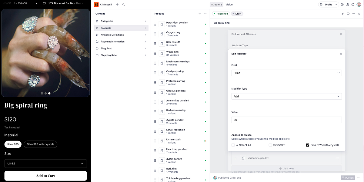 Jewelry store product variants interface